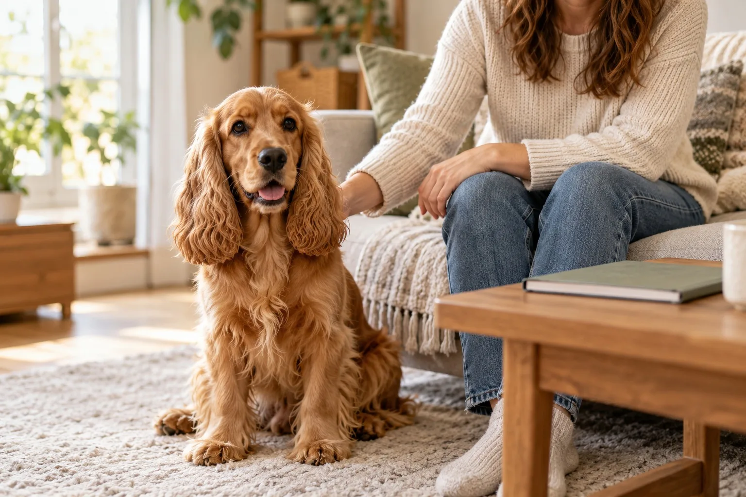 Long-eared golden-brown dog sitting on a rug beside an owner